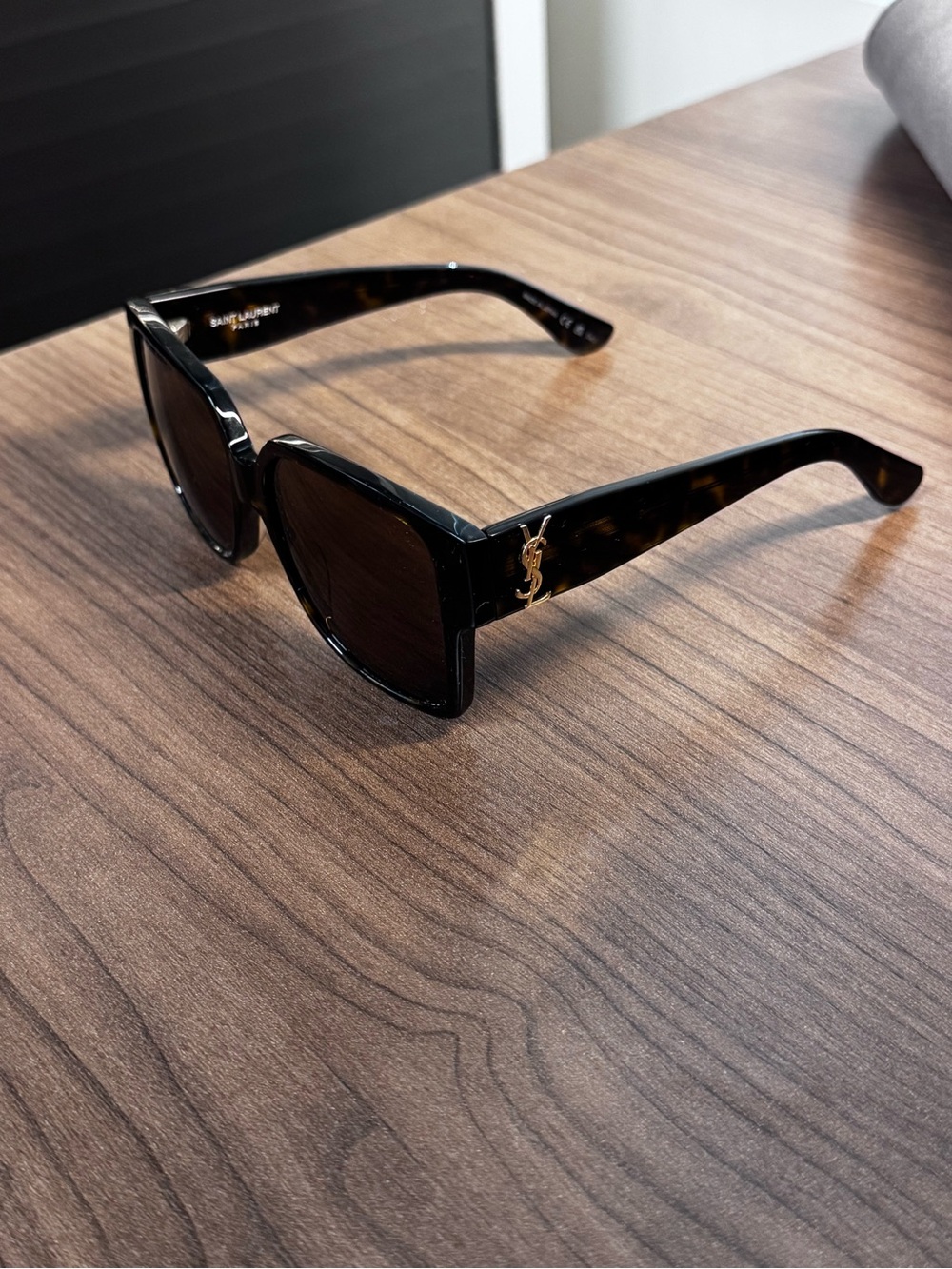 Saint Laurent Black Tortoiseshell Square Sunglasses with Gold YSL Accent